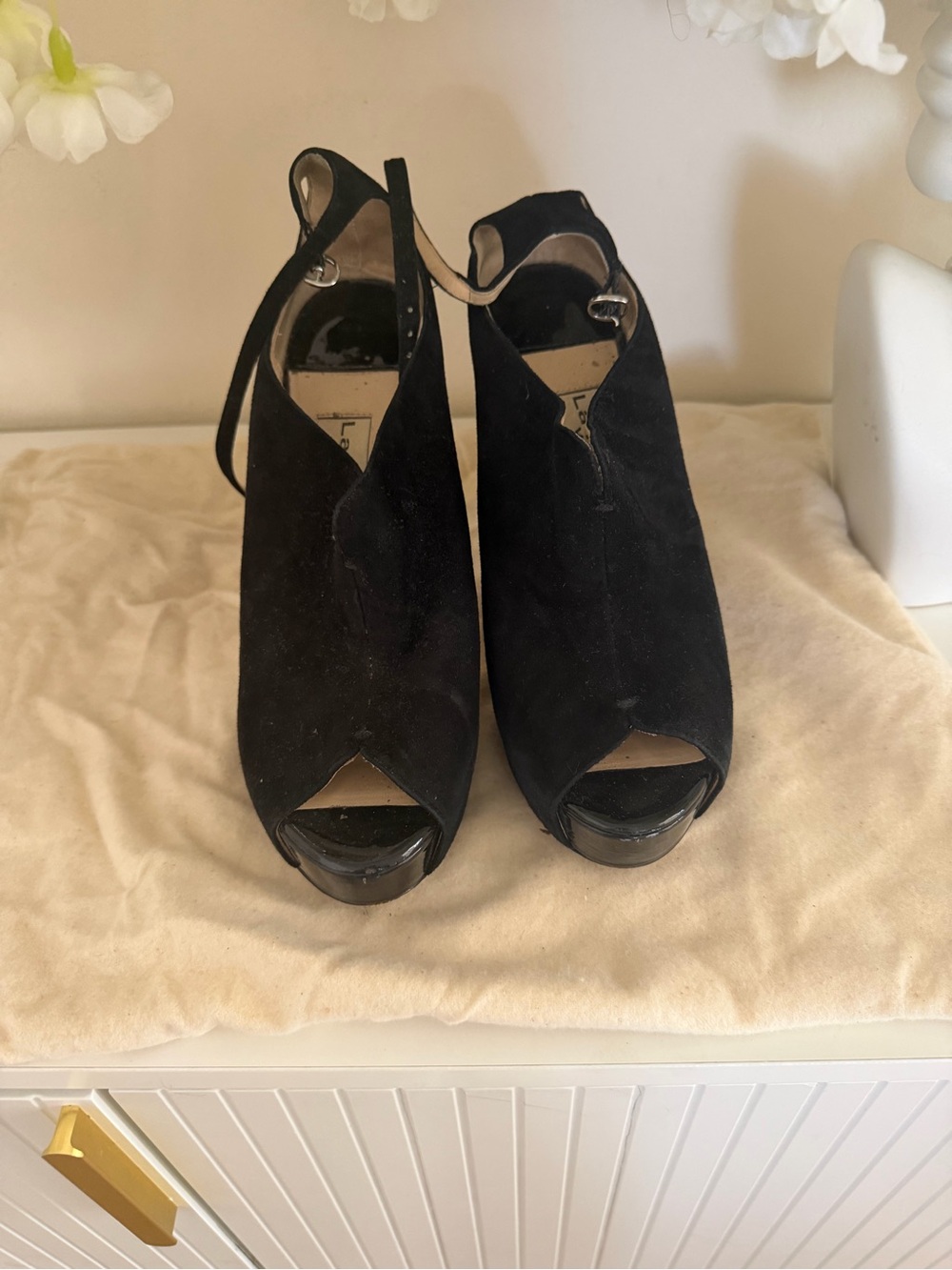Women's Black Suede Peep-Toe Slingback Heels